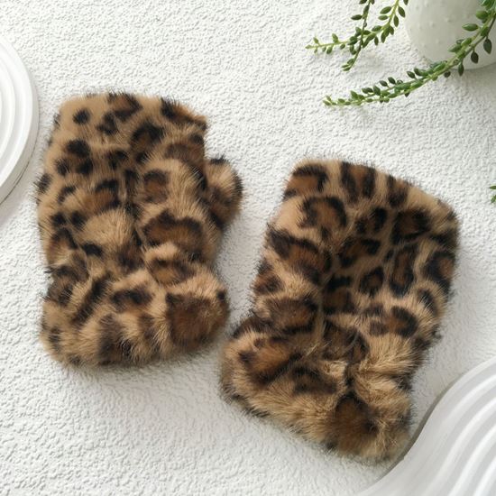 Fingerless Leopard Faux Fur Mittens Camel