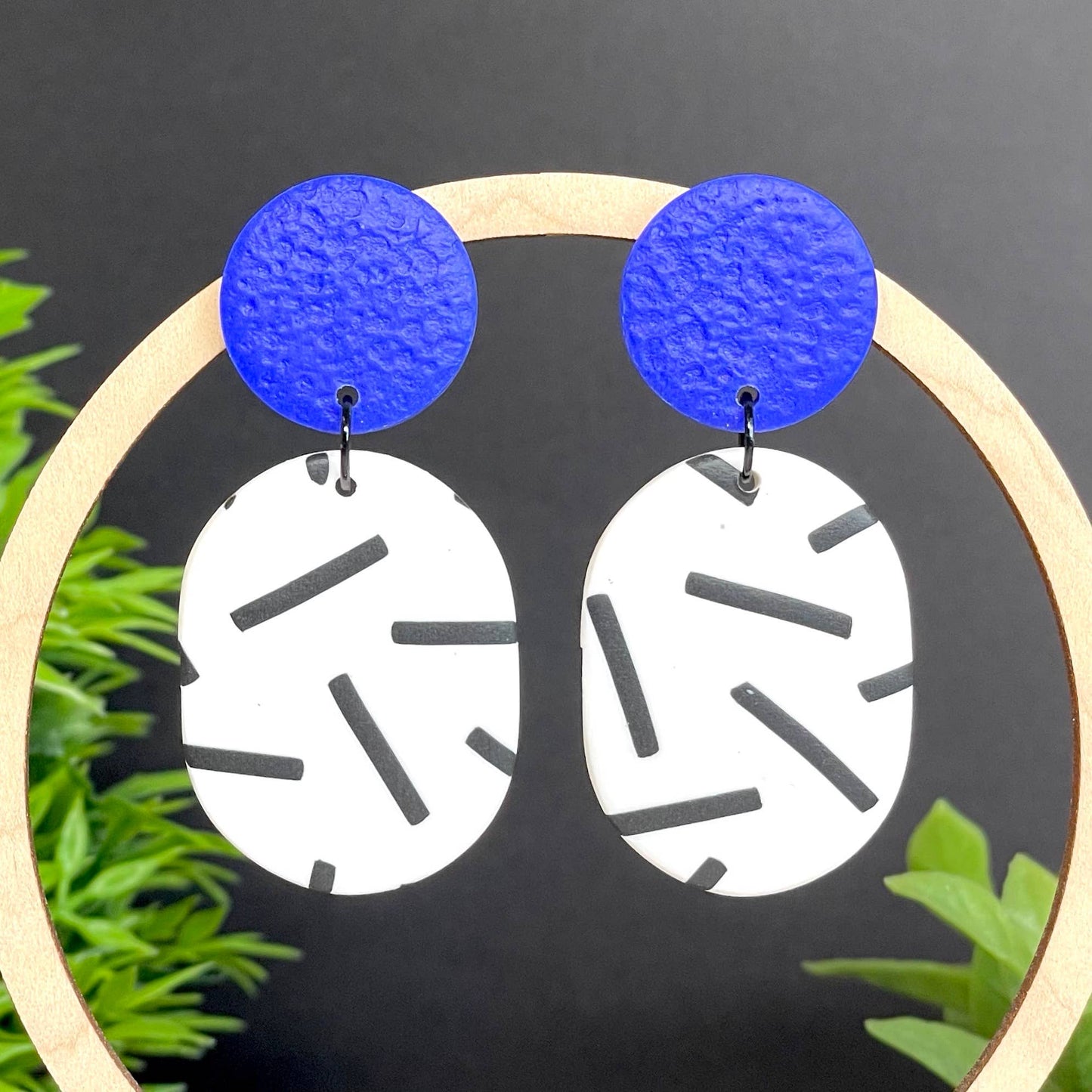 Kay Jay Clay White & Black Sprinkles Polymer Clay Oval Dangle Earrings: Royal Blue