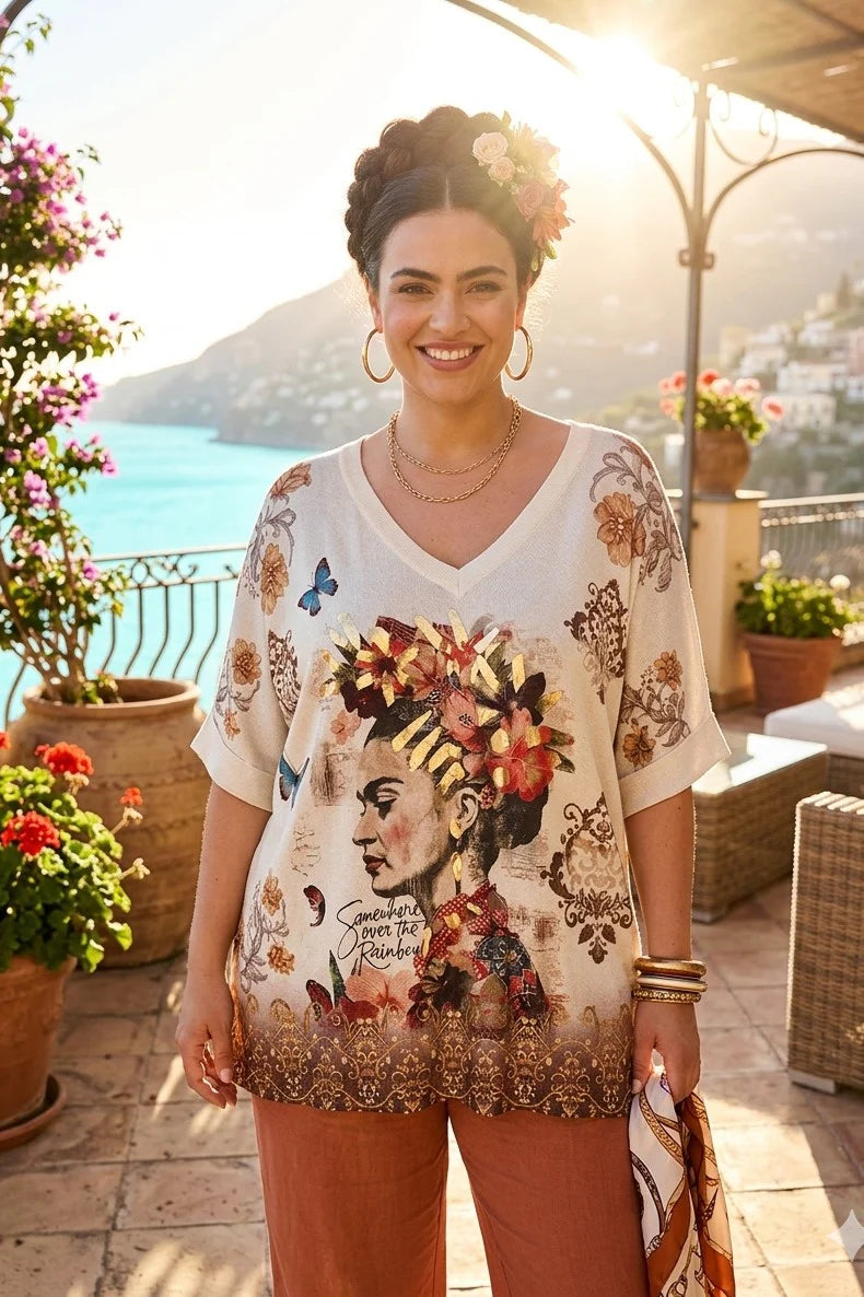 Printed Lurex Oversized Top Red