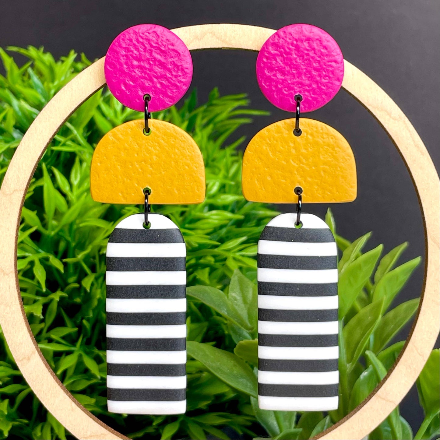 Kay Jay Clay Monochrome Stripe Polymer Clay Long Dangle Earrings: Pink & Yellow