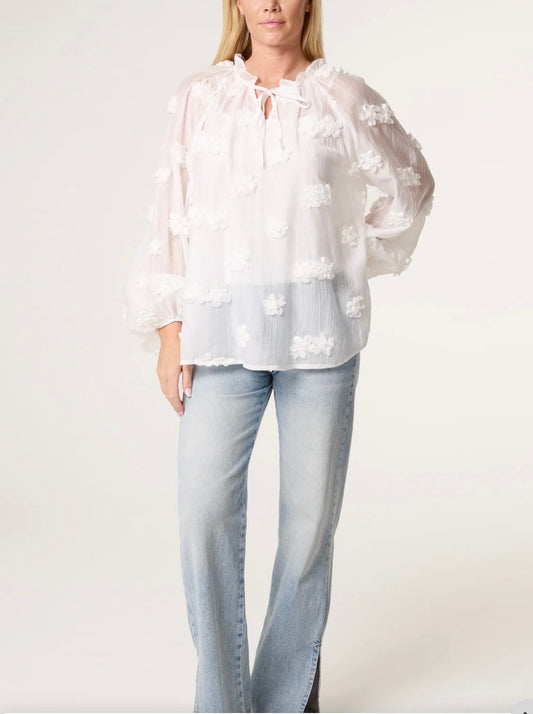 Ruffle Tie Flower Cotton Blouse