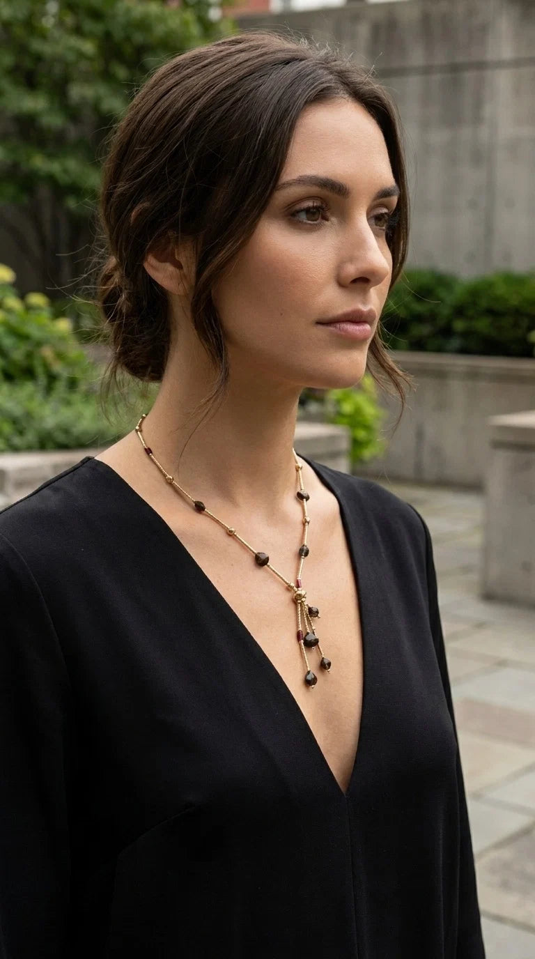 Envy Short gold bar and ball chain necklace with plum and smoked grey tassel detail