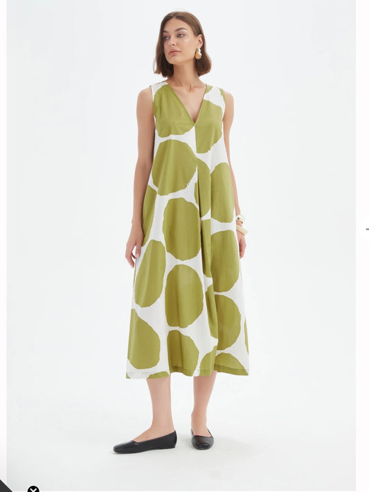 Tirelli Inverted Pleat Poplin Dress Chartreuse White Spot