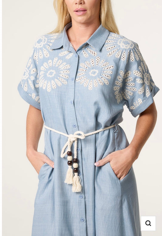 Floral Cutwork Embroidery Tassel Belt Dress