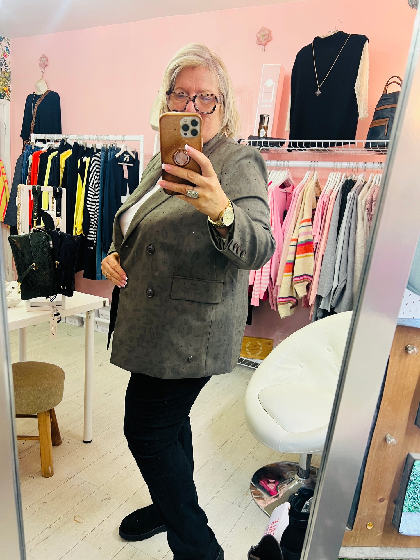 Maliss j Leopard Sparkle Jacket Mocha