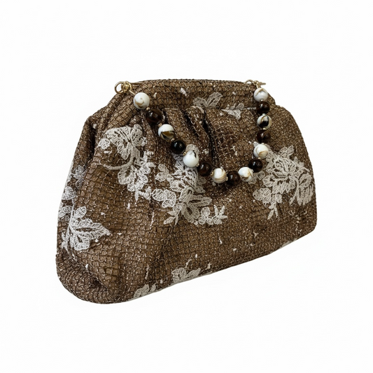 Lace Crochet Large Clutch Bag Hessian Brown