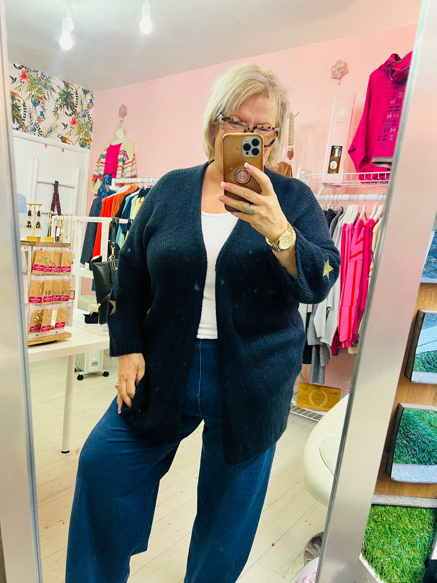 Star Sleeve Cardigan Chocolate Navy