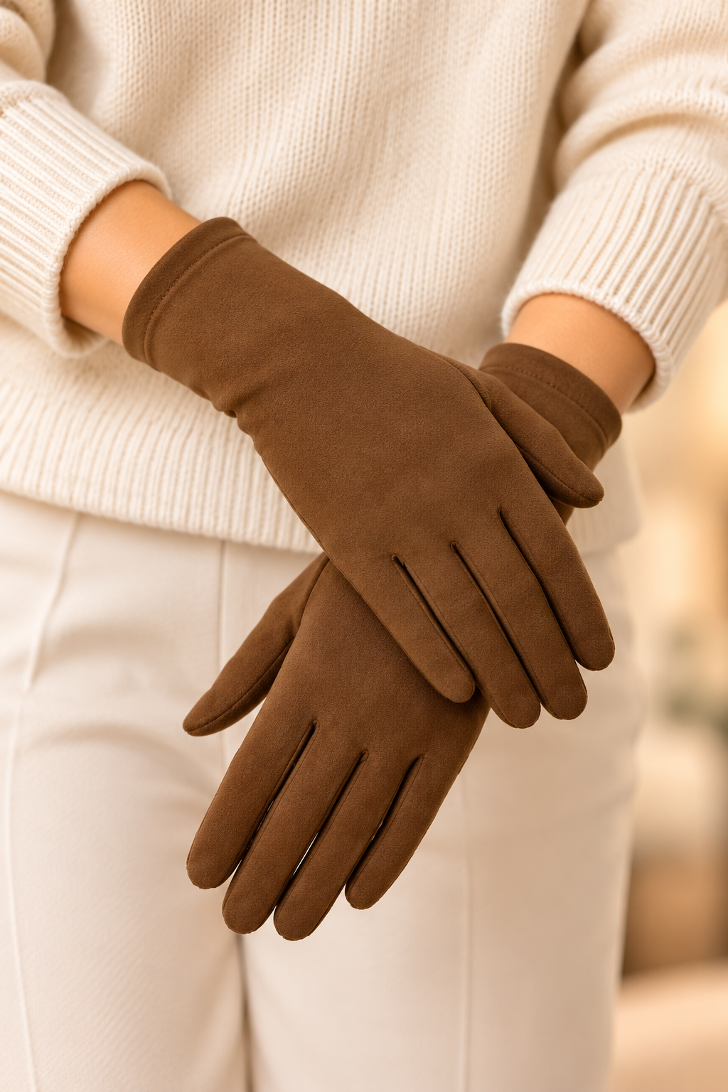 Soft Touch Stretch Gloves with Touchscreen Brown