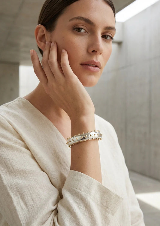 Envy Wide silver and Gold two tone stud hinged bangle