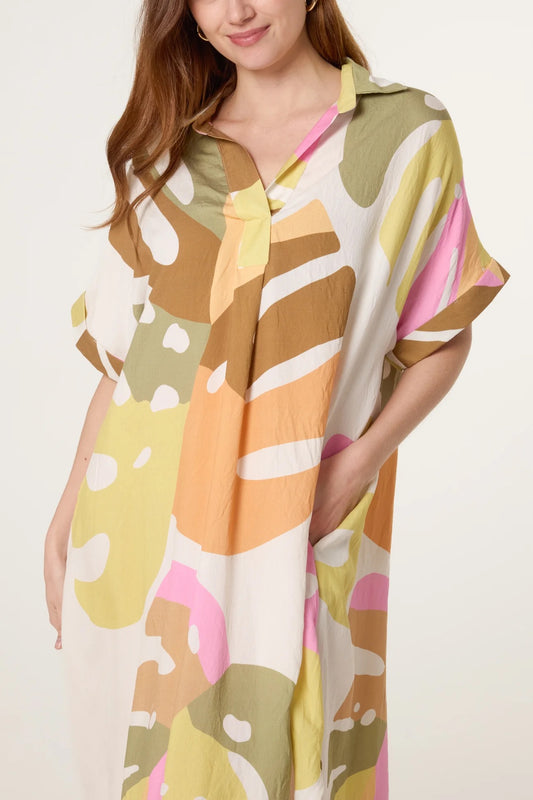 Bold Abstract Leaf Print Dress Orange