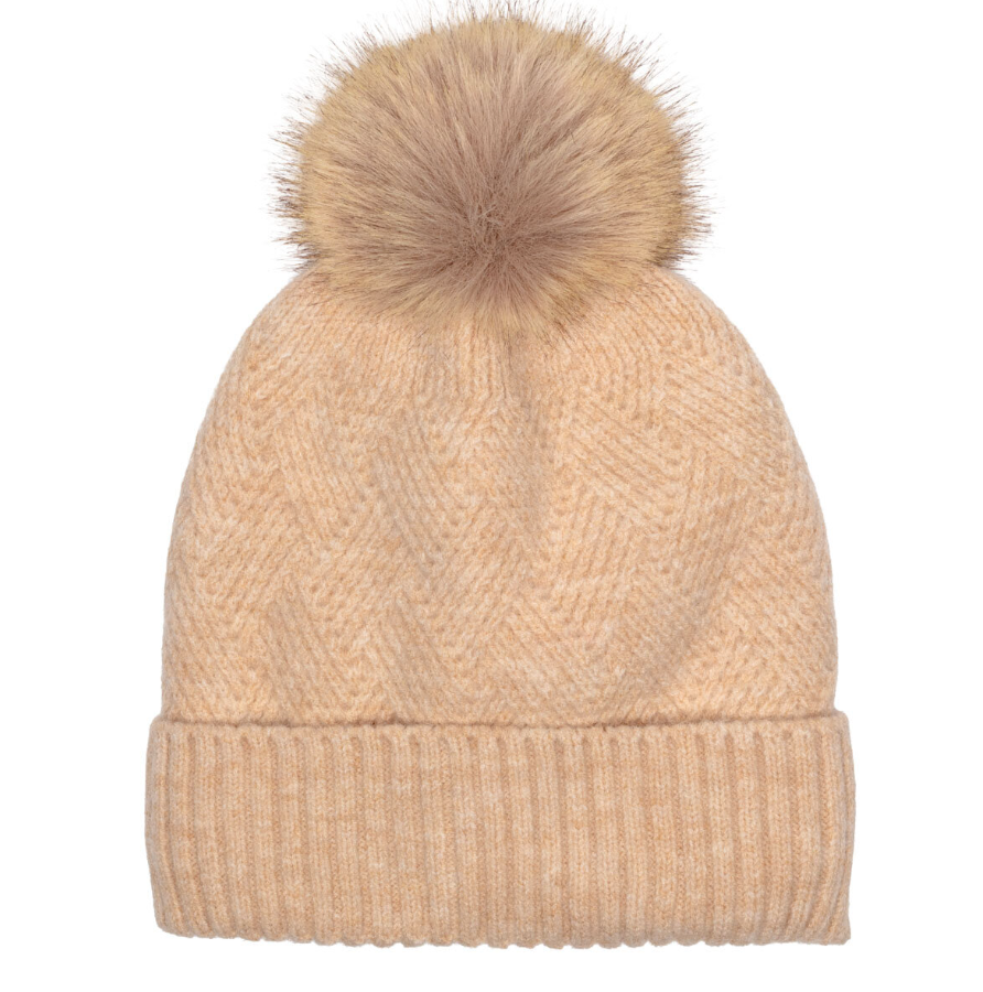 Eli Beaumont Knitted Weave Pompom Hat Oat