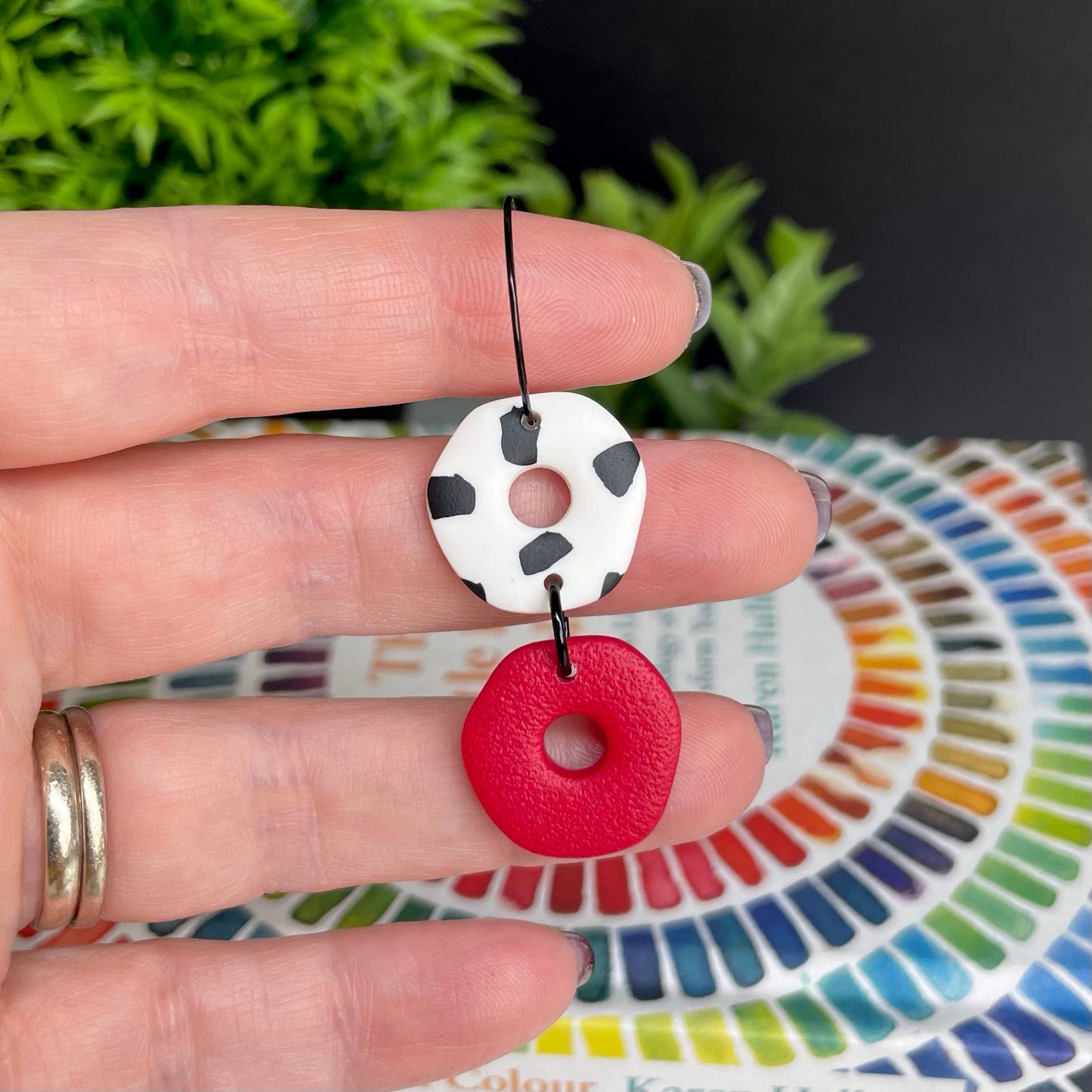 Kay Jay Clay Dalmatian Print Handmade Polymer Clay Hoop Earrings: Red