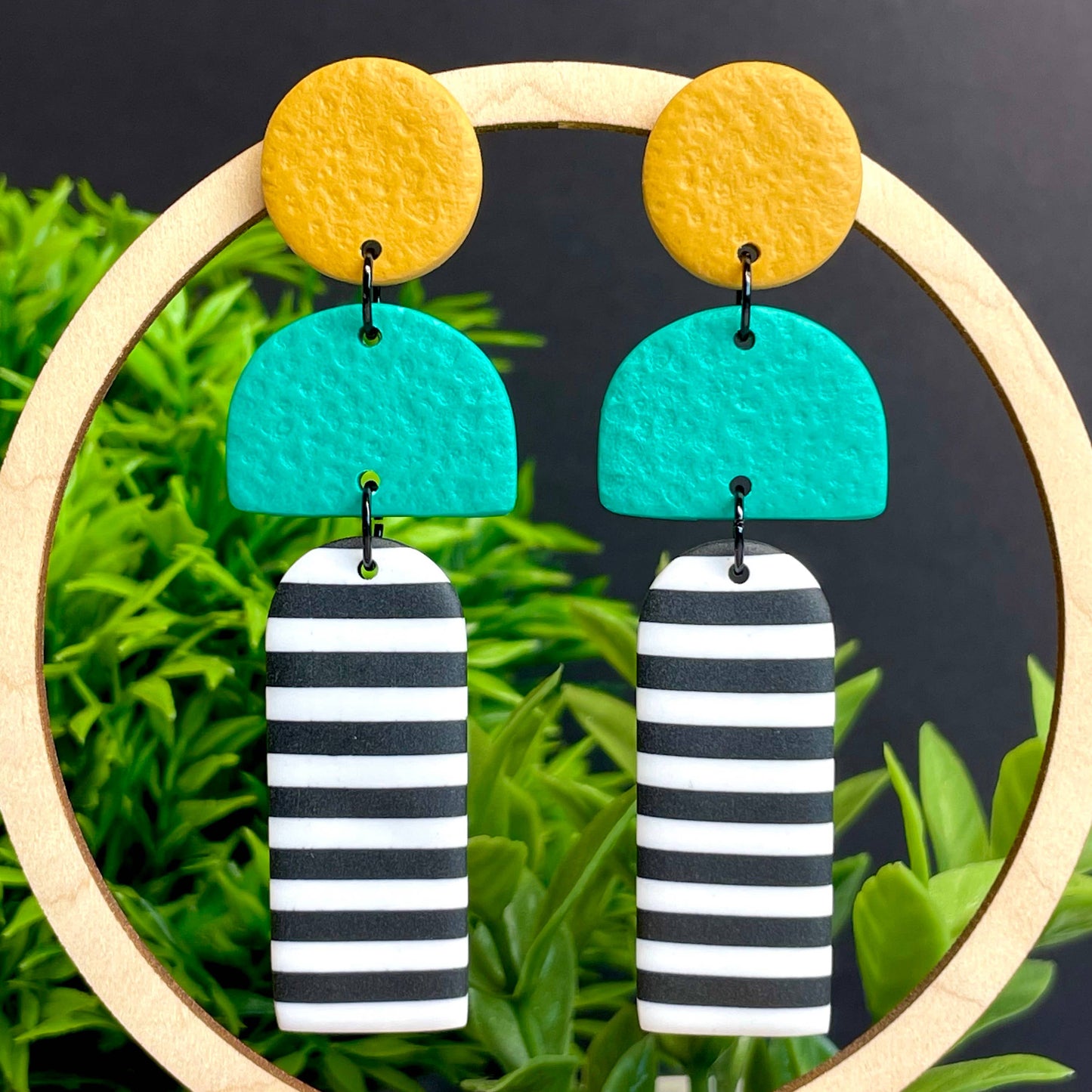 Kay Jay Clay Monochrome Stripe Polymer Clay Long Dangle Earrings: Yellow & Green