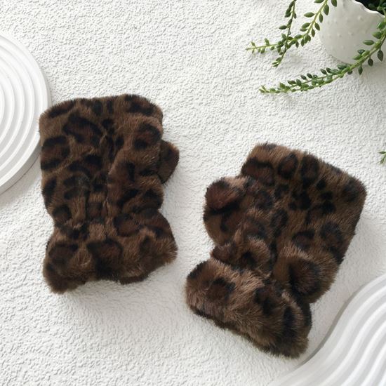 Fingerless Leopard Faux Fur Mittens Brown