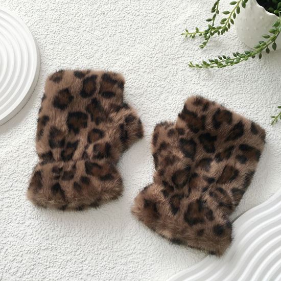 Fingerless Leopard Faux Fur Mittens Taupe