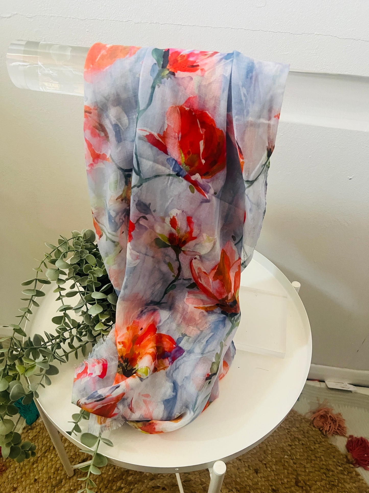 Watercolour Magnolia Flower Print Frayed Scarf Orange