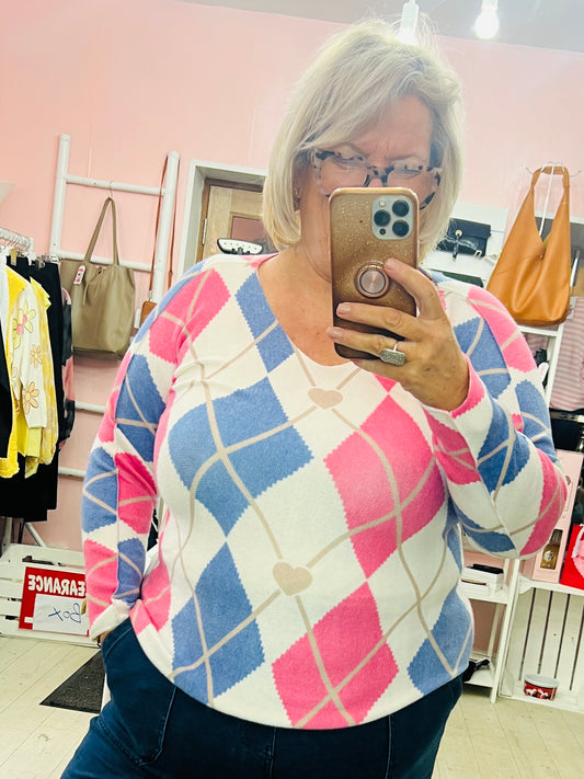 Argyl Style V neck Jumper Blue/Pink