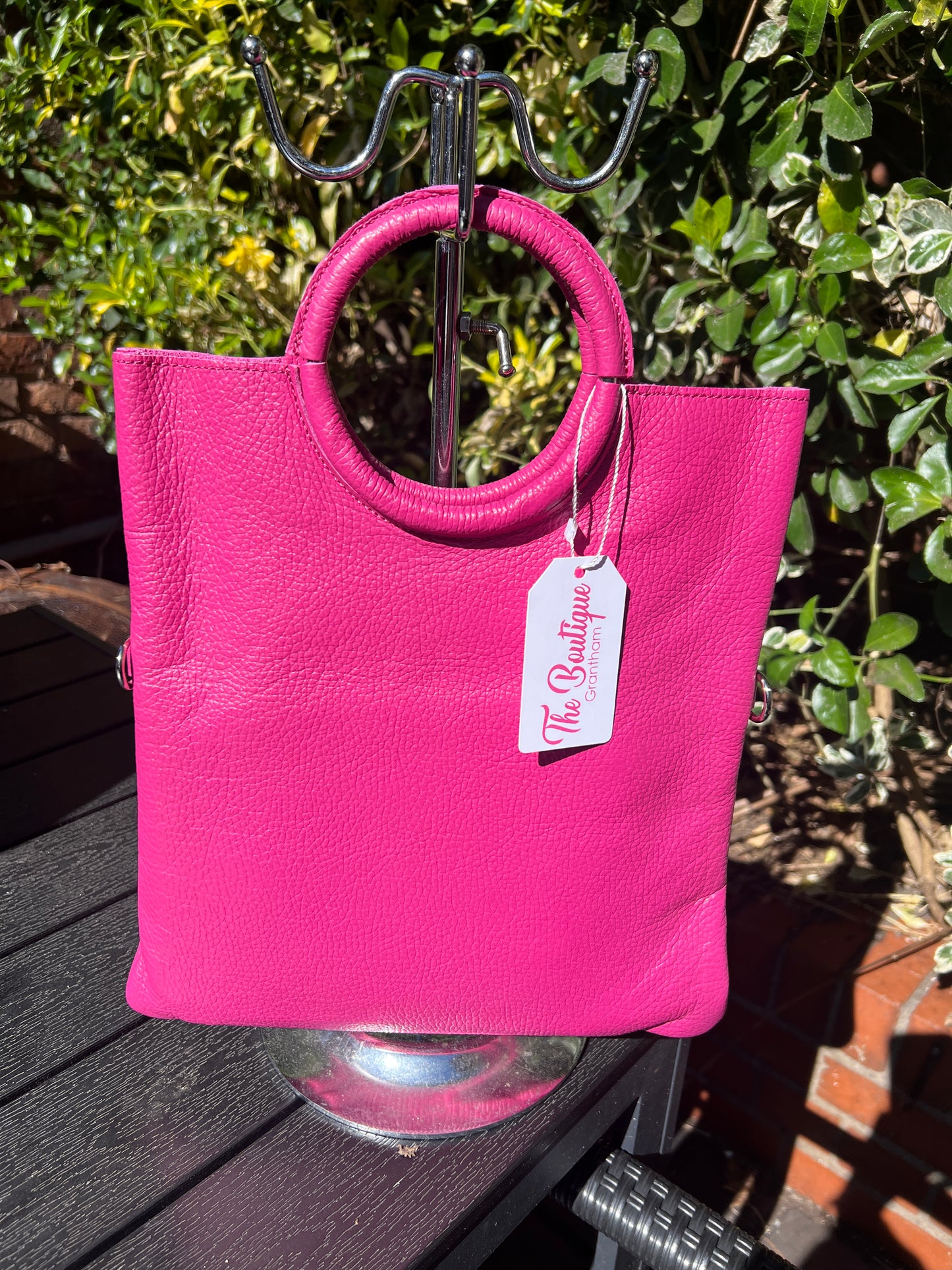 Leather Circle Handle Handbag Fushia