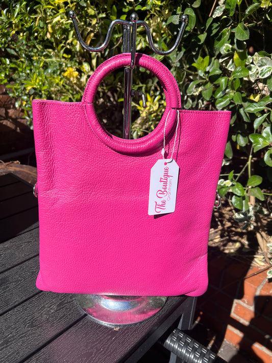 Leather Circle Handle Handbag Fushia