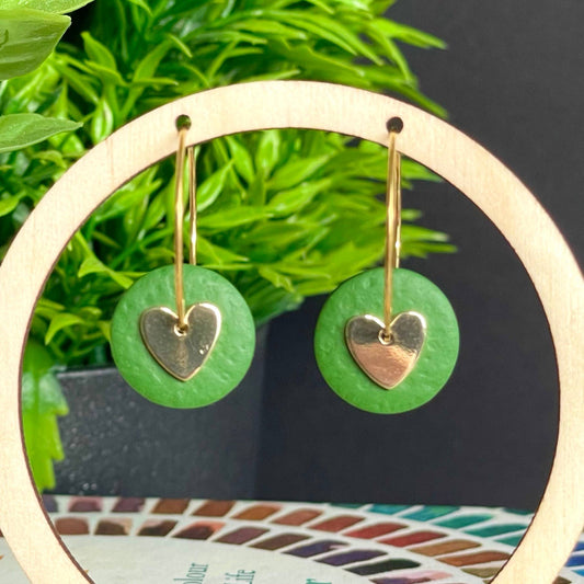 Kay Jay Clay Mini Gold Heart Polymer Clay Hoop Earrings: Olive green