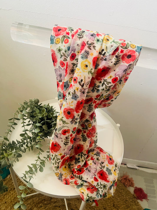 Poppy & Mixed Floral Print Tassel Scarf