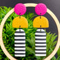 Kay Jay Clay Monochrome Stripe Polymer Clay Long Dangle Earrings: Pink & Yellow