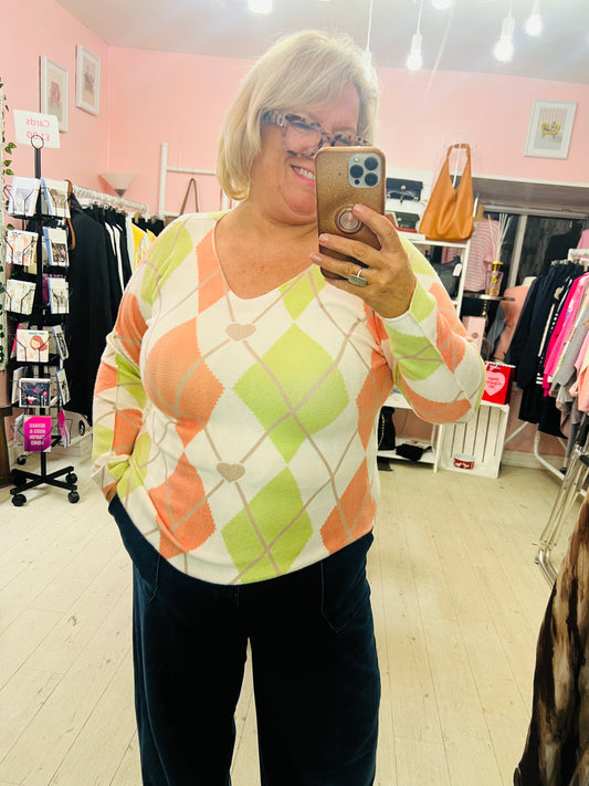 Argyl Style V neck Jumper Green/Orange