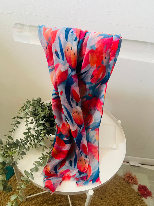 Tulip Flower Art Inspired Print Frayed Scarf Blue