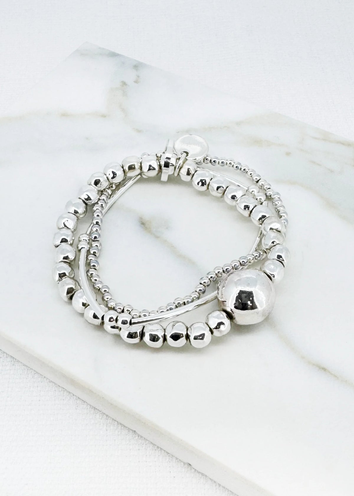 Envy Silver triple layer stretch bracelet with large ball design