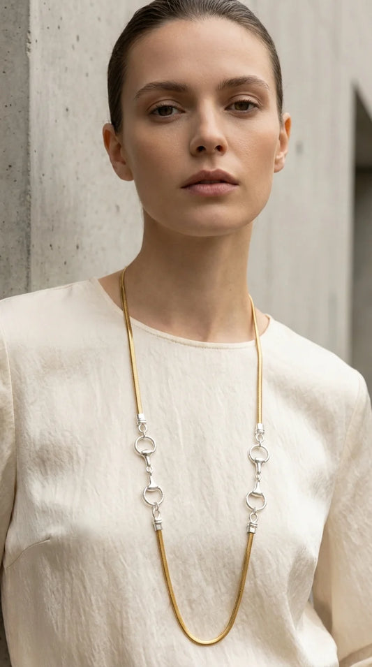 Envy Long gold snake chain necklace with silver soft bit design