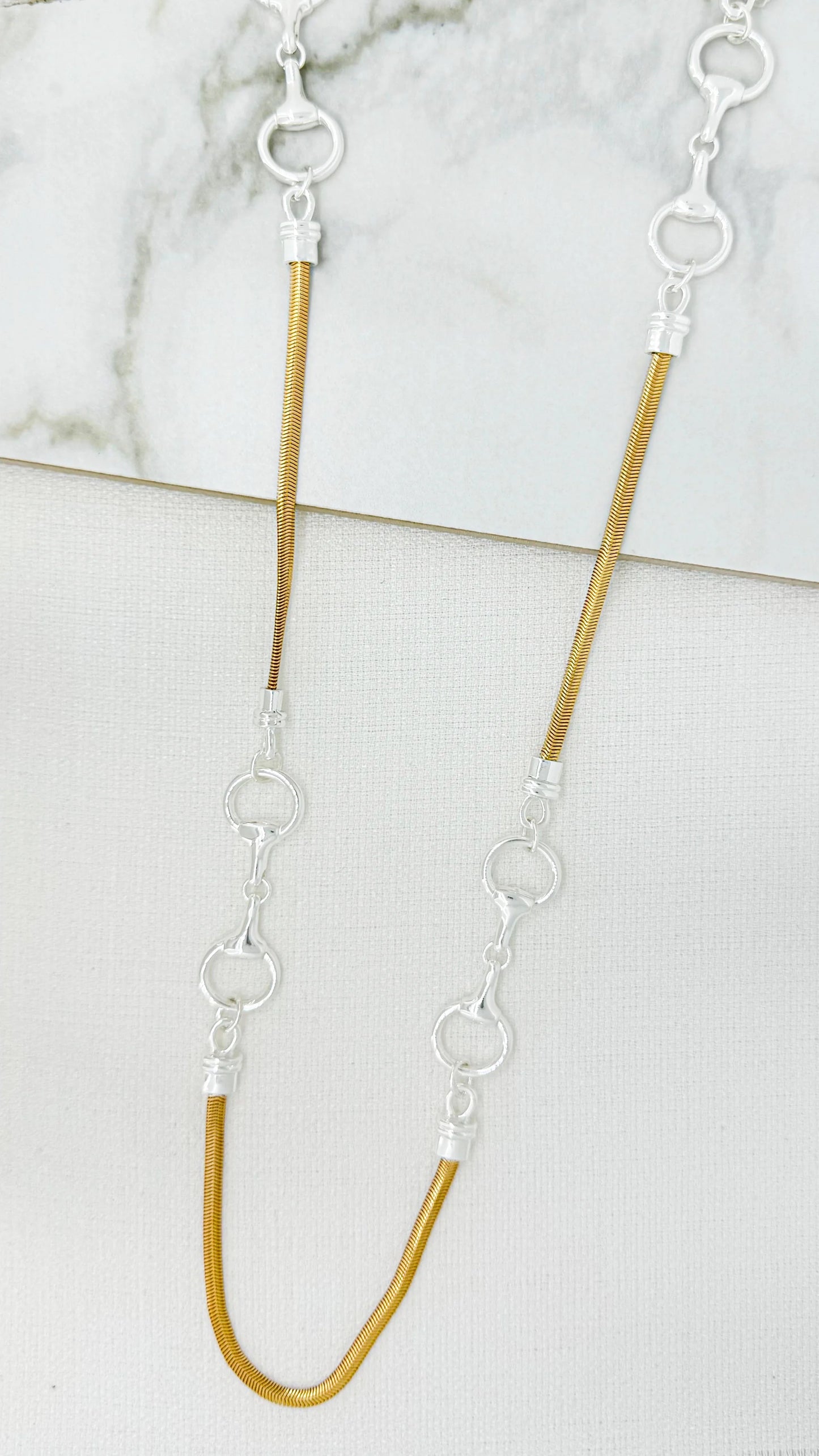 Envy Long gold snake chain necklace with silver soft bit design