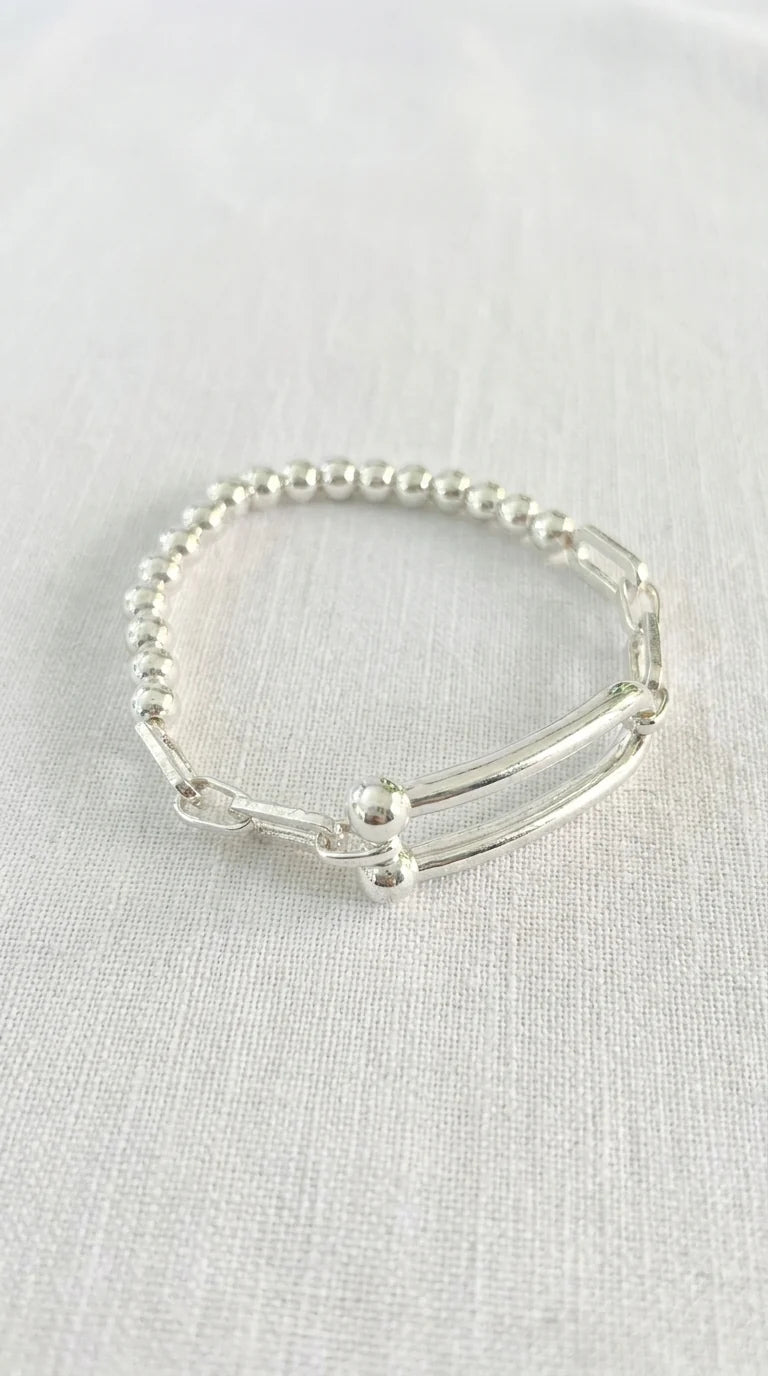 Envy Silver beaded elasticated bracelet with bar design