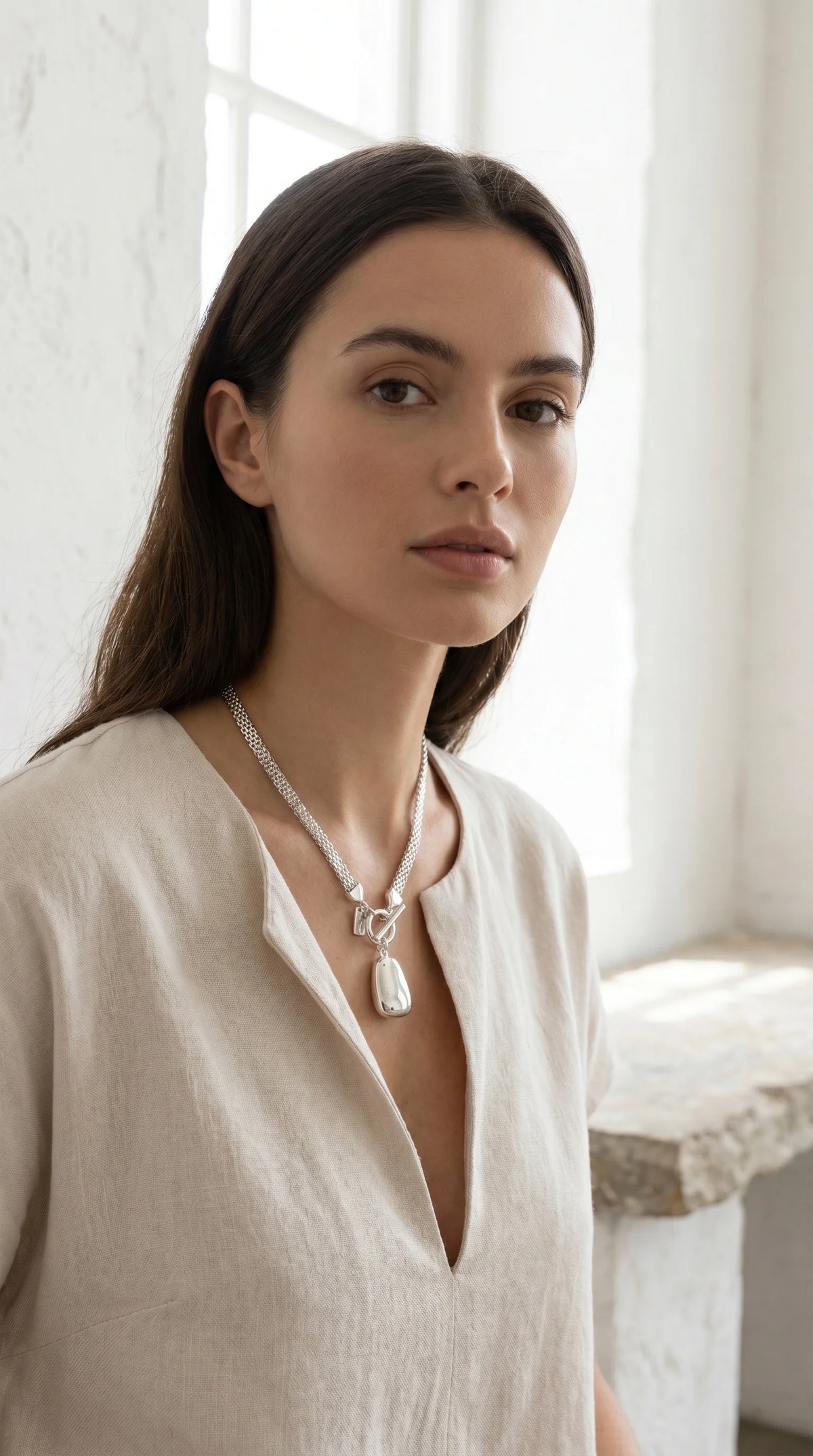 Envy Short Silver mesh chain necklace with T-bar and gold pendant