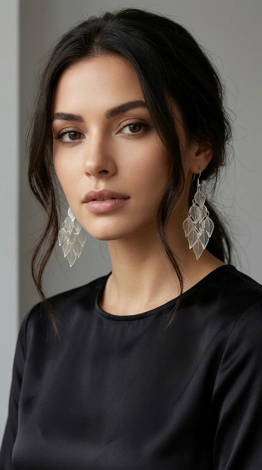 Envy Long Leaf design Earrings Silver