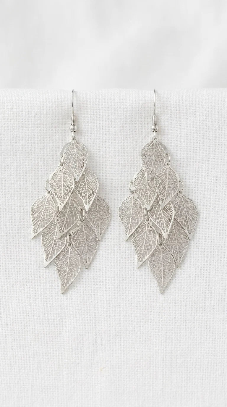 Envy Long Leaf design Earrings Silver
