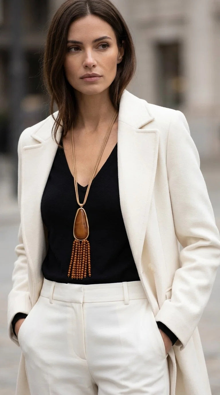Long multi cord necklace with large brown resin and tassel pendent