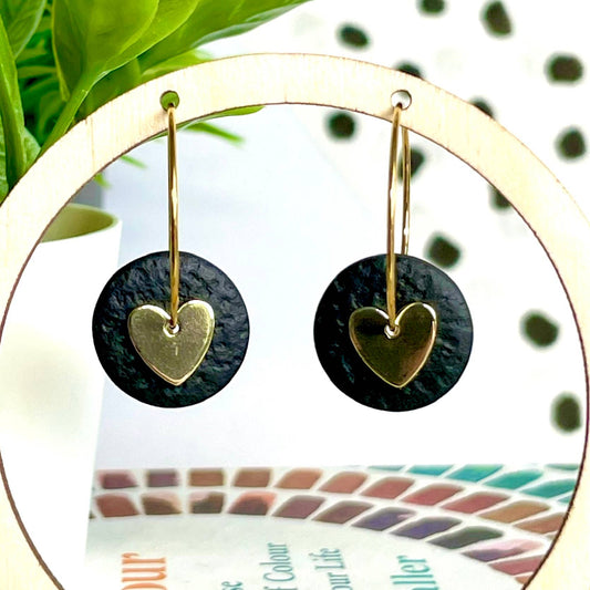 Kay Jay Clay Mini Gold Heart Polymer Clay Hoop Earrings: Black