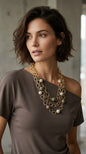 Envy Short triple gold link necklace with taupe and cream resin ball detail