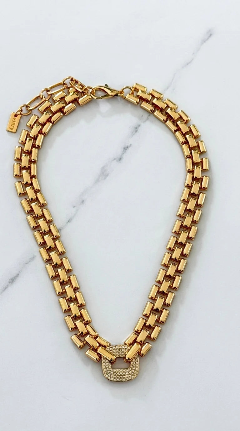 Envy Short Gold large box chain necklace with crystal square design