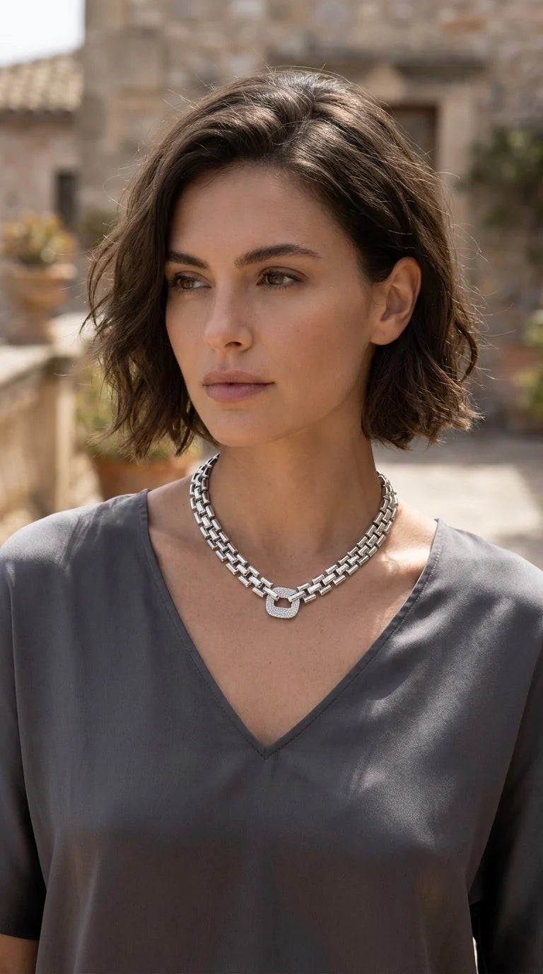 Envy Short silver large box chain necklace with crystal square design