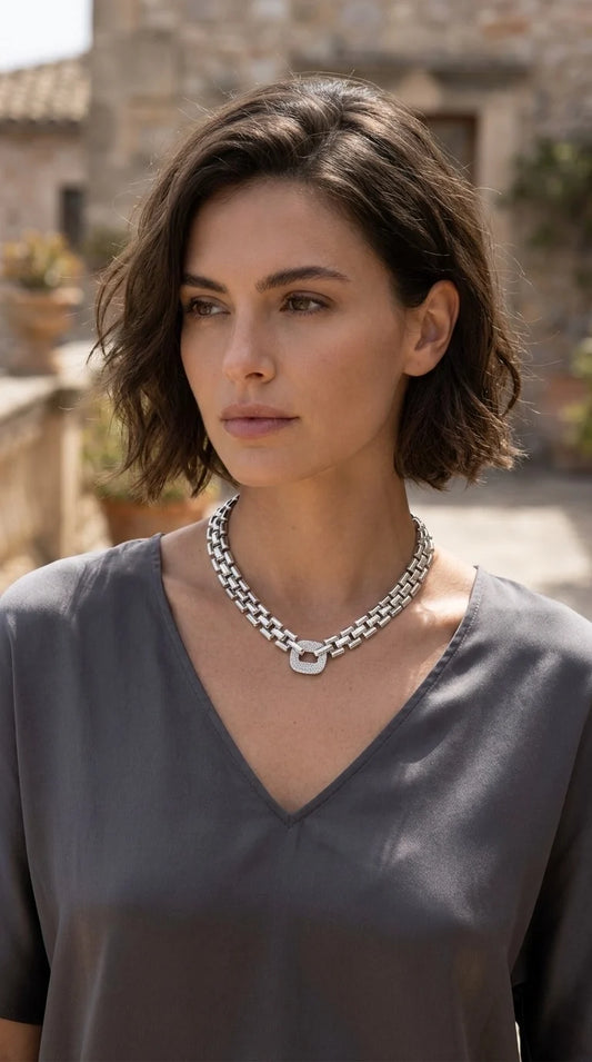 Envy Short silver large box chain necklace with crystal square design