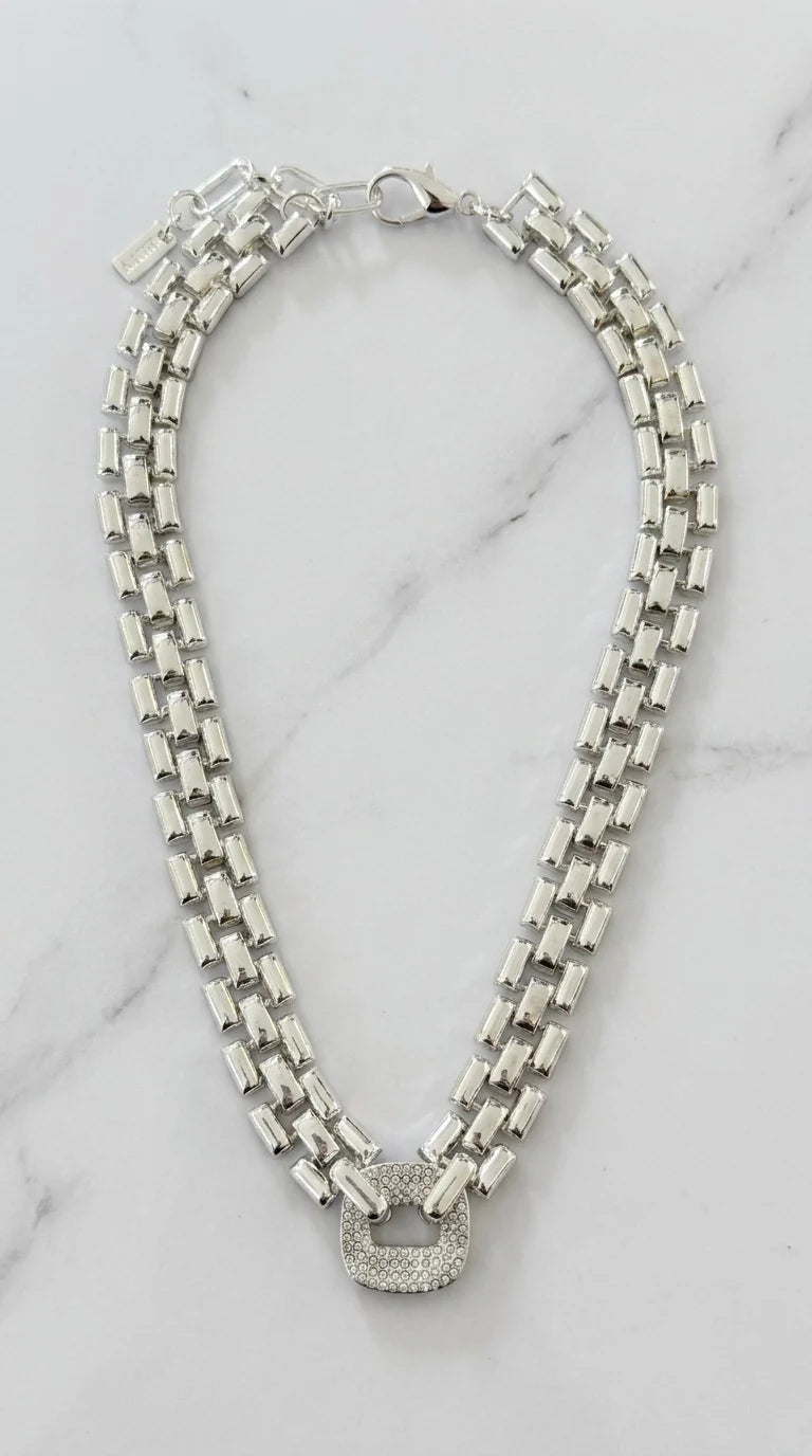 Envy Short silver large box chain necklace with crystal square design