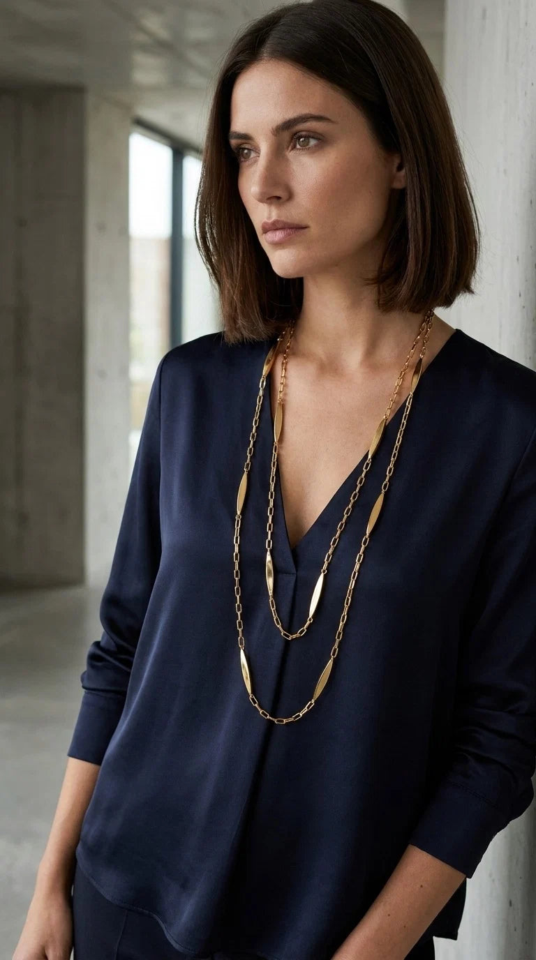 Envy Long gold link necklace with gold bar detail