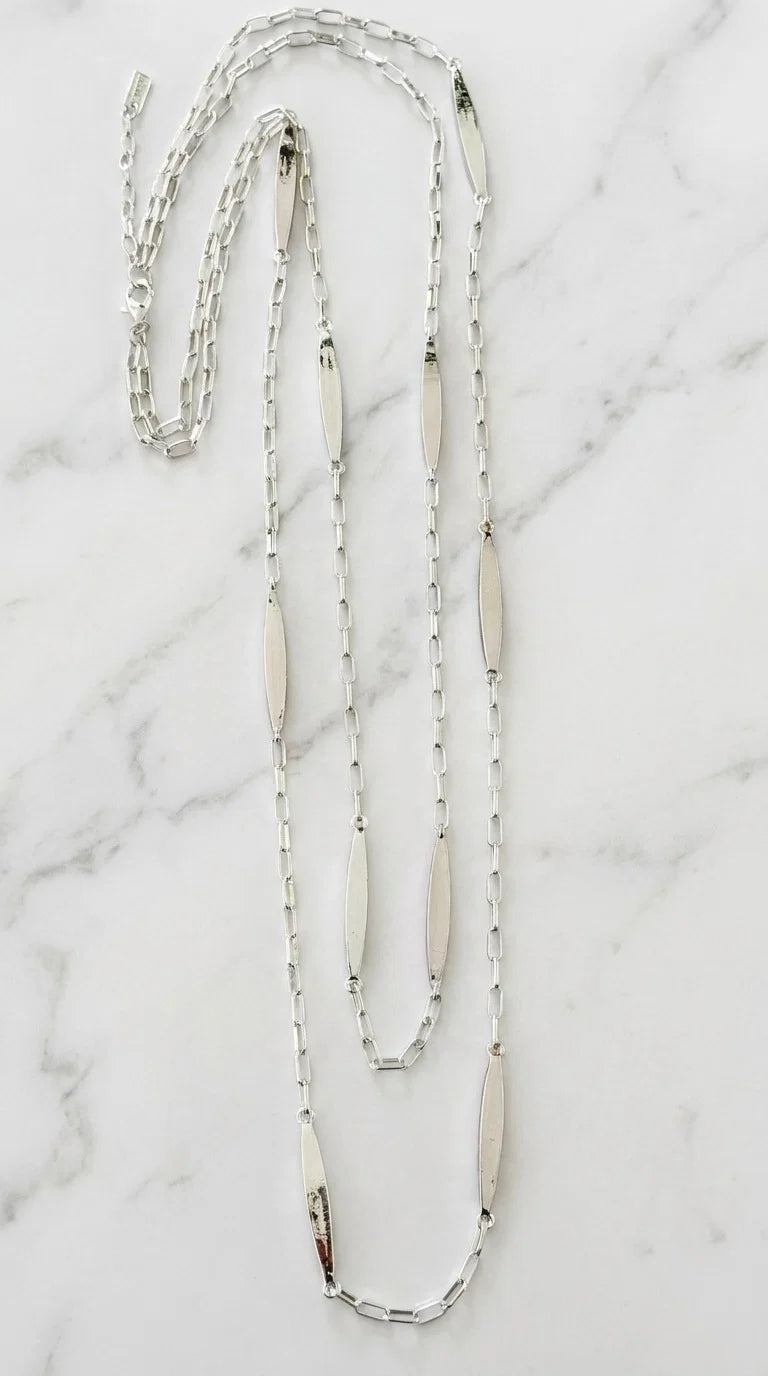 Envy Long Silver link necklace with gold bar detail