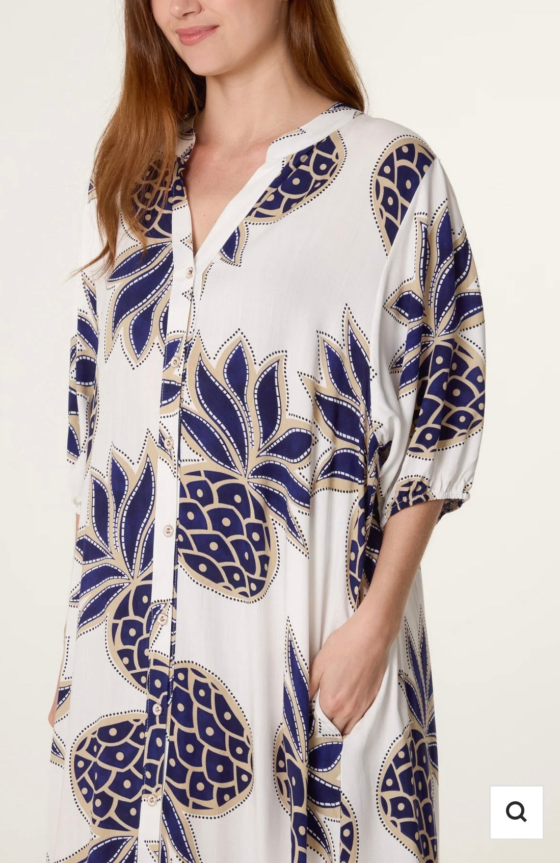Pineapple Button Through Dress Ivory/Blue
