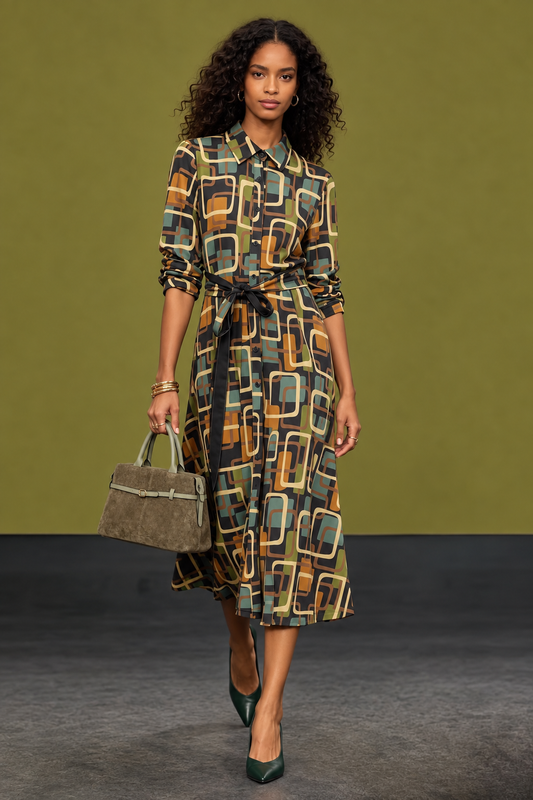 Geometric Print Suedette Shirt Dress Olive