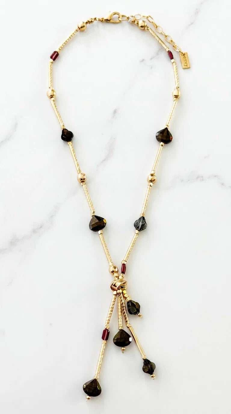 Envy Short gold bar and ball chain necklace with plum and smoked grey tassel detail