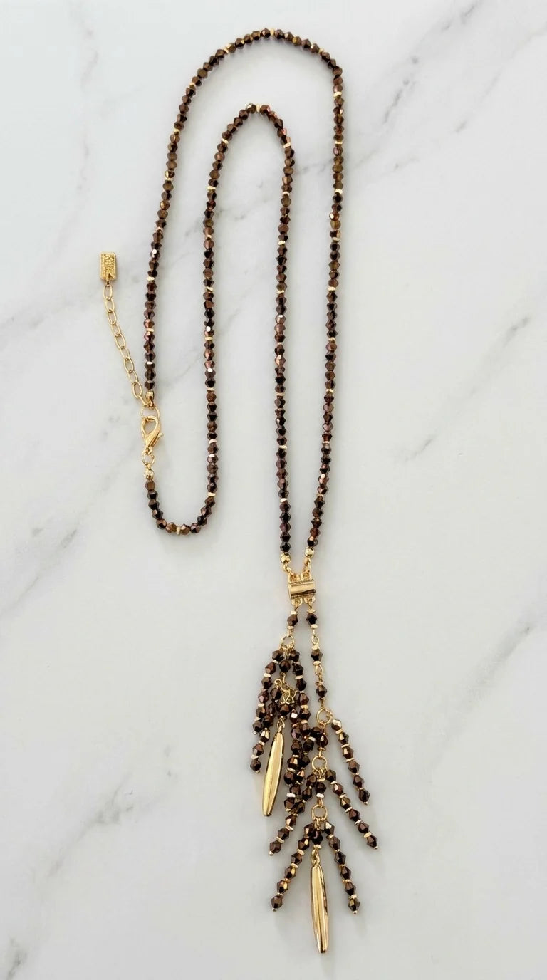 Envy Beaded Tassel Long Statement Necklace - Bronze/Gold