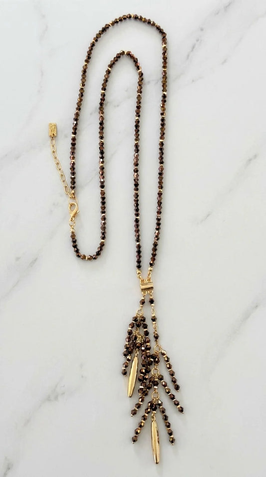 Envy Beaded Tassel Long Statement Necklace - Bronze/Gold