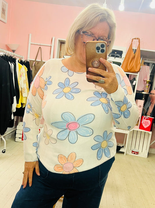 Spring Flower Knit Jumper Blue